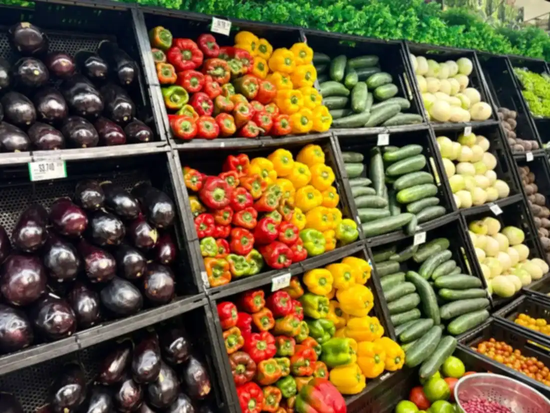 Expositor de fruta y verdura fresca en una tienda de alimentación