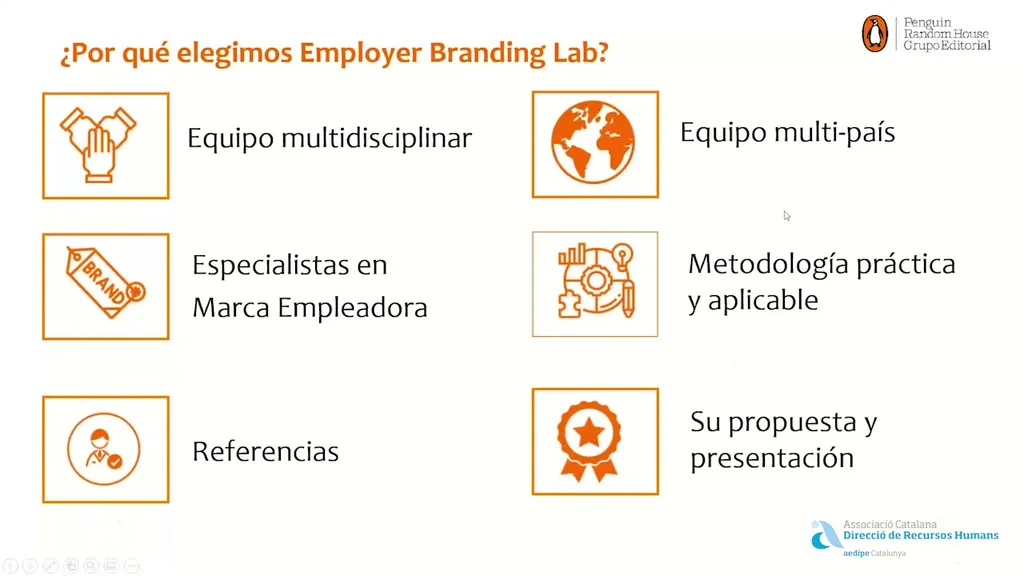 Diapositiva de la charla titulada «¿Por qué elegimos Employer Branding Lab?», con el logotipo de Penguin Random House